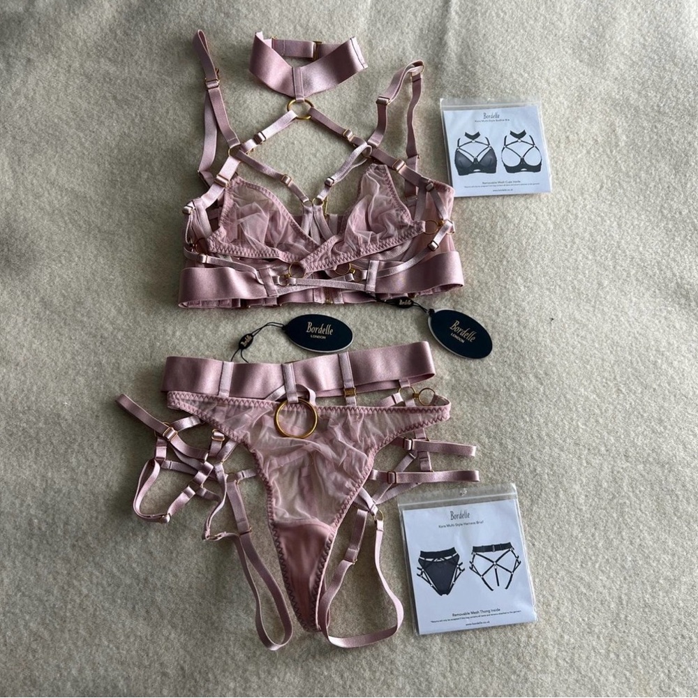 Bordelle KORA Multi Strap Harness Brief and Multi Style Bodice Bra in Rose XS